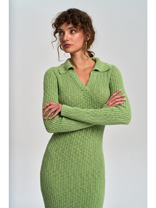 Mai Collection Eloria Polo Yaka Yeşil Triko Elbise