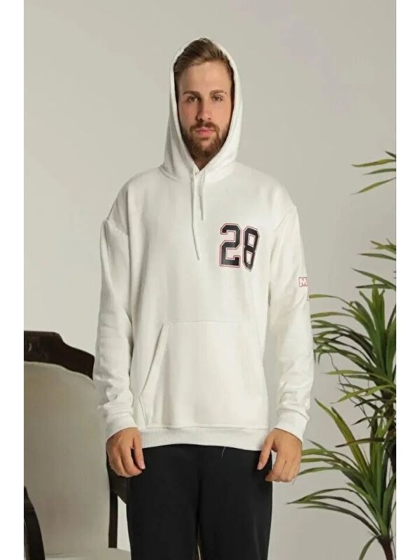 Jane's Erkek Sırt Baskılı Oversize Üç İplik Kapüşonlu Sweatshirt - Beyaz