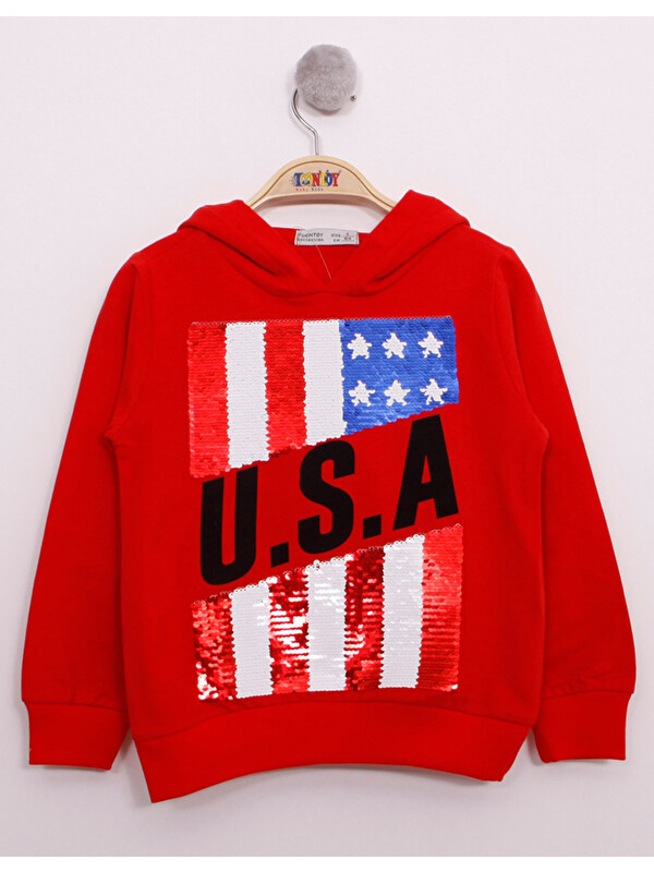 Toontoykids Kırmızı Erkek Çocuk Pullu U.S.A lı Nakışlı Sweatshirt-20045