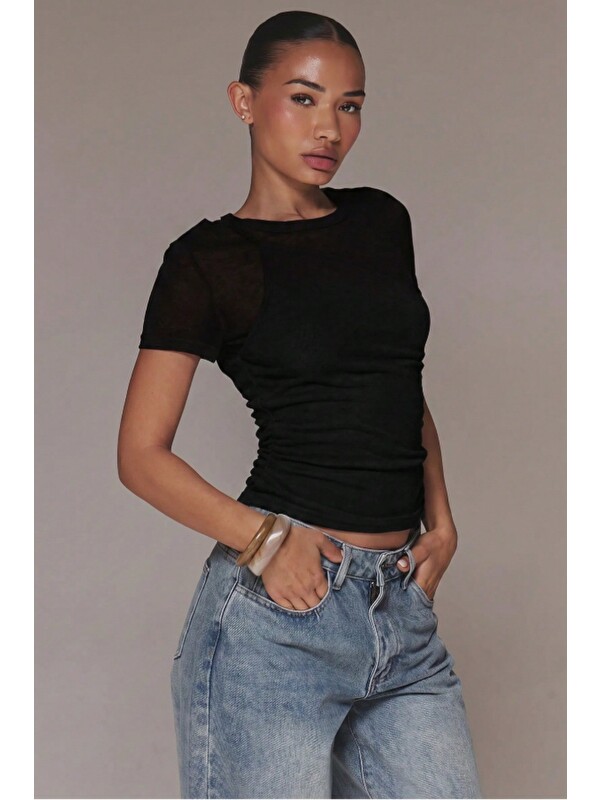 Tarz Cool Kadın Flamlı %100 Pamuk Transparan Detaylı Slim Fit Kısa Kollu Tişört