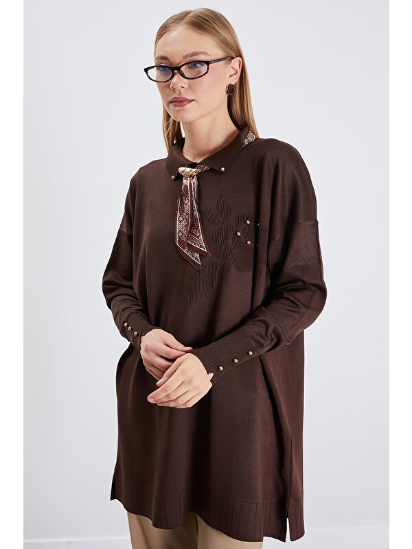 Fullamoda Fullamodest Fularlı Jakarlı Triko Tunik