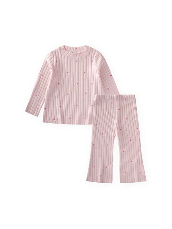 CİGİT Desenli Fitilli Pijama Takımı 1-7 Yaş Pudra Pembe