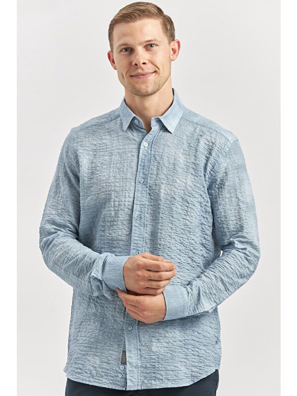 İMZA Koyu Mavi Uzun Kollu Gofreli Cepsiz Pamuklu Elastanlı Slim Fit Gömlek 1004240100