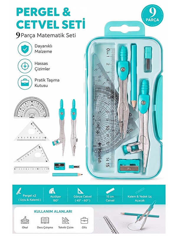 Artlantis Metal Pergel Seti 9 Parça 1 Paket 9121 Profesyonel Pergel Çizim Proje Matematik Mimar Mühendis Çizim