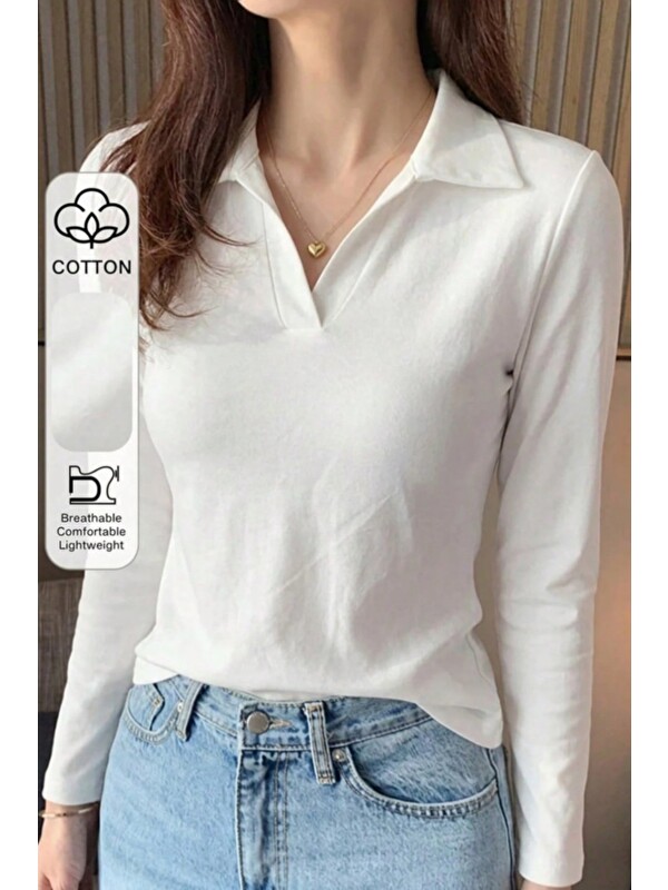 Tarz Cool Kadın Polo Yaka Uzun Kollu Basic Tişört %100 Pamuk Süprem Kumaş Slim Fit
