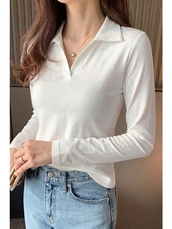 Tarz Cool Kadın Polo Yaka Uzun Kollu Basic Tişört %100 Pamuk Süprem Kumaş Slim Fit