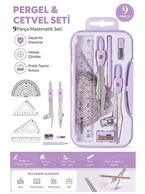 Artlantis Metal Pergel Seti 9 Parça 1 Paket 9121 Profesyonel Pergel Çizim Proje Matematik Mimar Mühendis Çizim