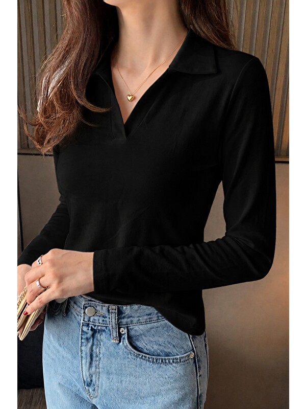 Tarz Cool Kadın Polo Yaka Uzun Kollu Basic Tişört %100 Pamuk Süprem Kumaş Slim Fit