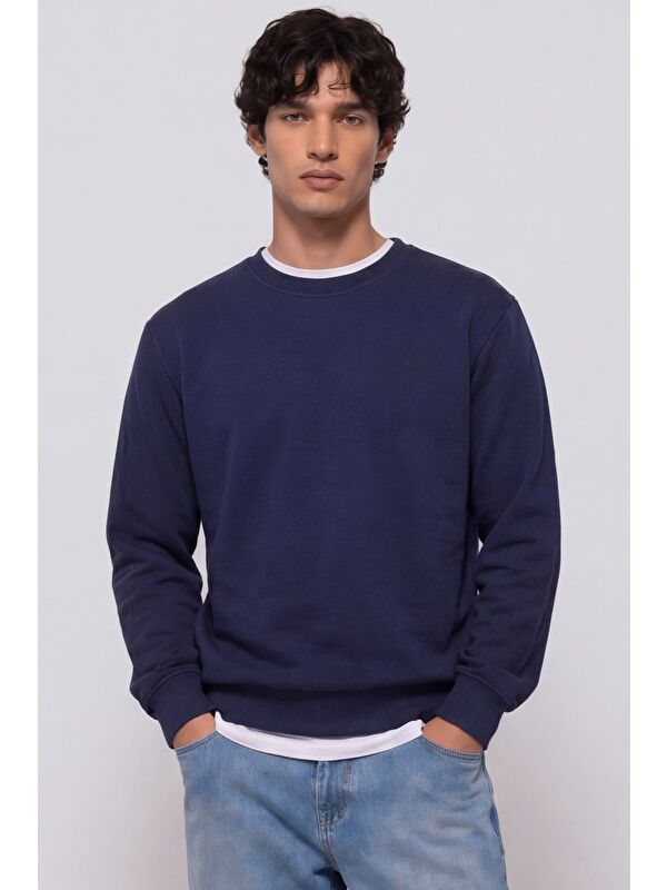 Sabri Özel Unisex Lacivert Normal Kesim Regular Fit %100 Pamuk Bisiklet Yaka Sweatshirt