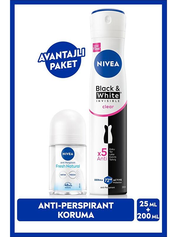 NIVEA Kadın Sprey Deodorant Black & White Invisible Clear 200ml ve Mini Roll-on 25ml, Avantajlı Paket