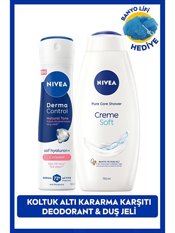 NIVEA Kadın Sprey Deodorant Derma Control Natural Tone150ml ve Creme Soft Duş Jeli 750ml,Banyo Lifi Hediye
