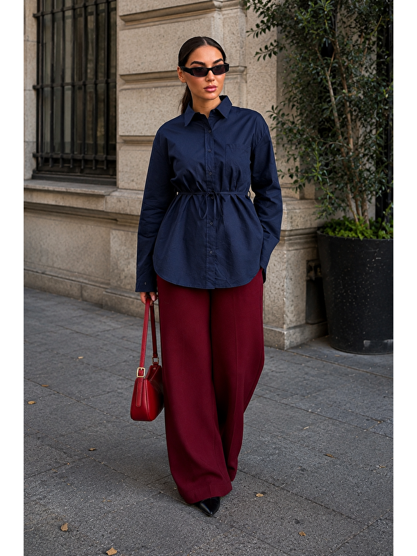 Madmext Lacivert Belden Bağlamalı Oversize Cepli Gömlek Mg2798