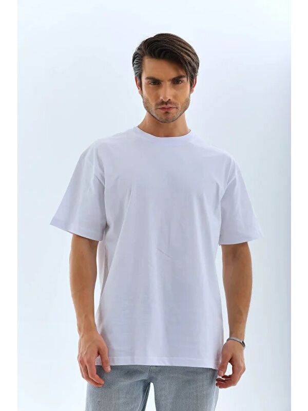 Jane's Unisex Oversize Düz Bisiklet Yaka T-Shirt - Beyaz