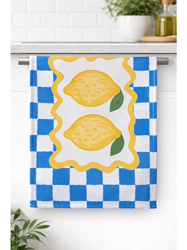 Asdiva LİMOR 1 Limon Mavi Beyaz Ekose Desenli Dekoratif Mutfak Havlusu &Kurulama Bezi Yumuşak Emici 35x55
