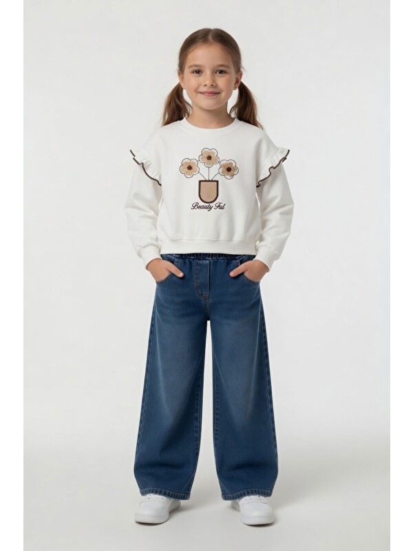 Cansın Mini Beyaz Çiçek Nakışlı Fırfırlı Badili Jean Pantolonlu Kız Çocuk Takım 24556