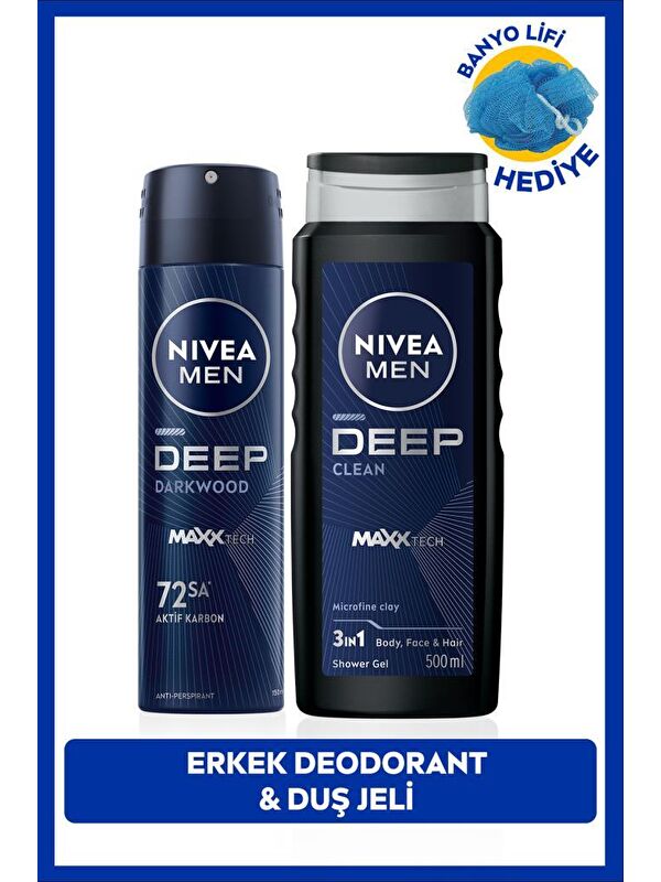 NIVEA MEN Erkek Sprey Deodorant Deep Dimension 150ml ve Deep Dimension Duş Jeli 500ml, Banyo Lifi Hediyeli