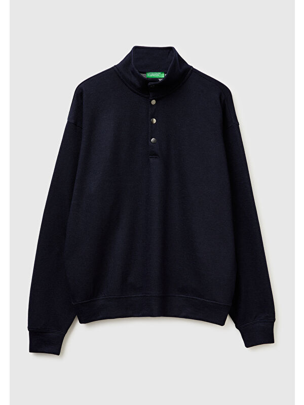 United Colors Of Benetton Erkek Lacivert  Yün Karışımlı Düğmeli Dik Yaka Sweatshirt
