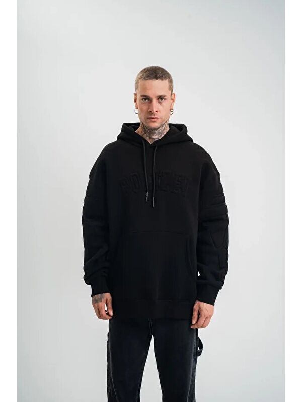 Jane's Double Oversize Kapüşonlu Nakışlı SweatShirt - Siyah