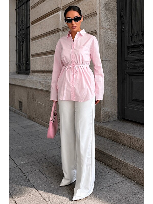 Madmext Pembe Belden Bağlamalı Oversize Cepli Gömlek Mg2798