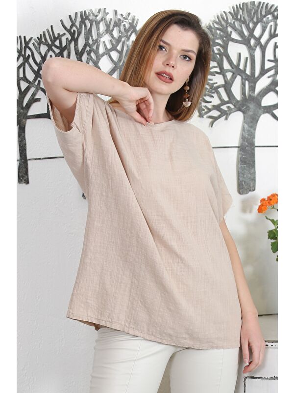 Chiccy İtalyan Camel Havuz Yaka Düşük Kol Yıkamalı Dokuma Casual Bluz