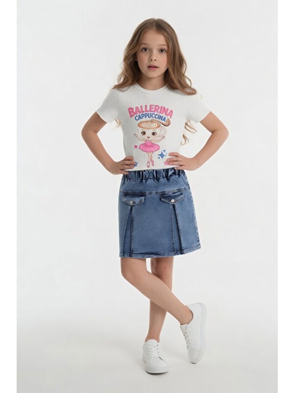 Cansın Mini Ekru Balerin Desenli Badili Jean Etekli Kız Çocuk 2li Takım 24565