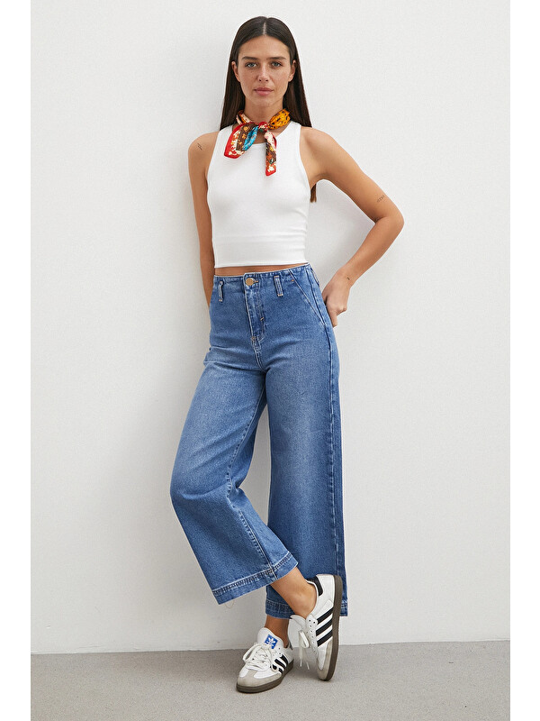 Never More Yüksek Bel Cep Detaylı Wide Leg Jean Mavi