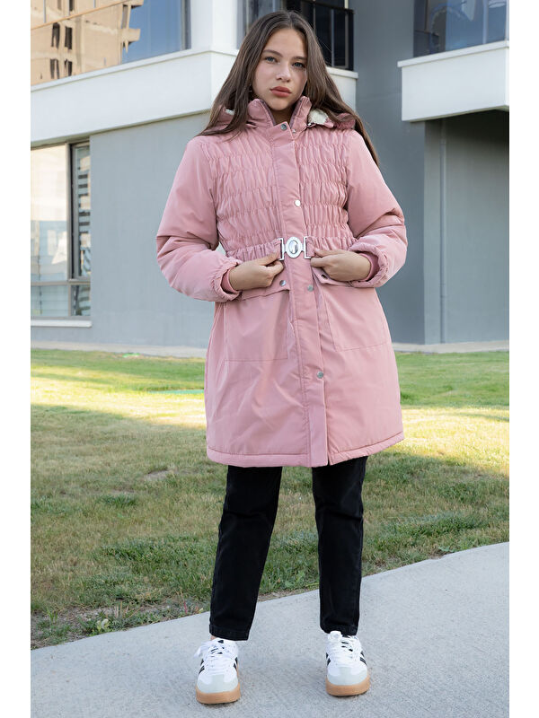 Cansın Mini Pembe Kemerli Nubuk Kumaş Kız Çocuk İçi Kürklü Kapüşonlu Şişme Mont 21312