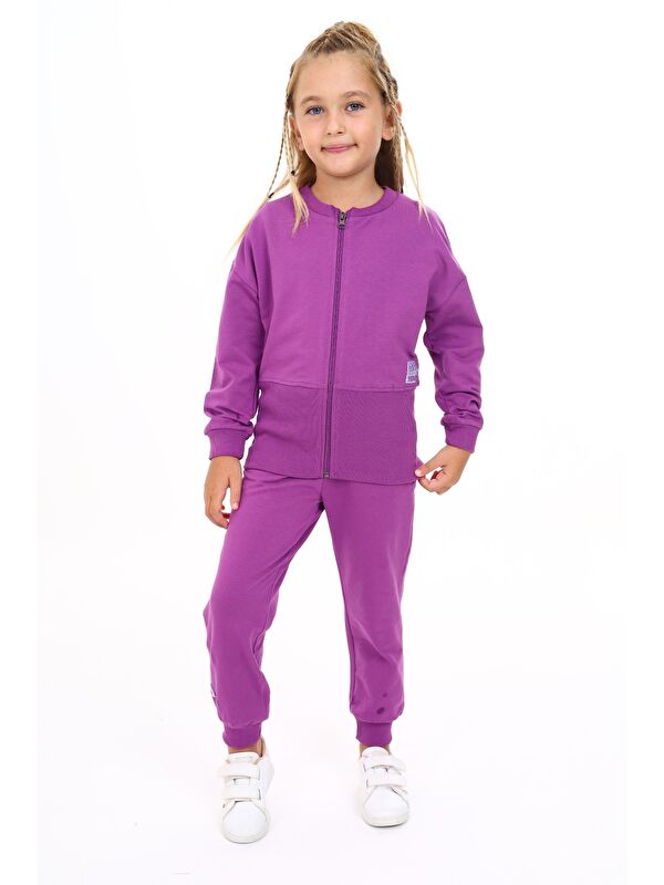 Toontoykids Kız Çocuk 2'li Takım Baskılı Bisiklet Yaka Fermuarlı Ribanalı Sweatshirt & Beli Paçası Ribanalı Jogg