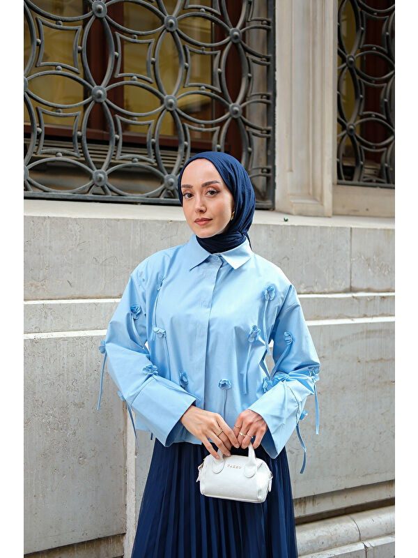 Locco Moda Kadın Çiçek Desenli Gömlek Bebe Mavi