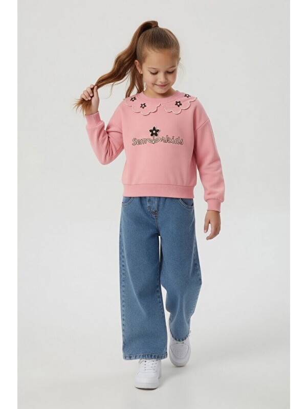 Cansın Mini Pembe Yakası Çiçek Nakışlı Badili Jean Pantolonlu Kız Çocuk Takım 24568