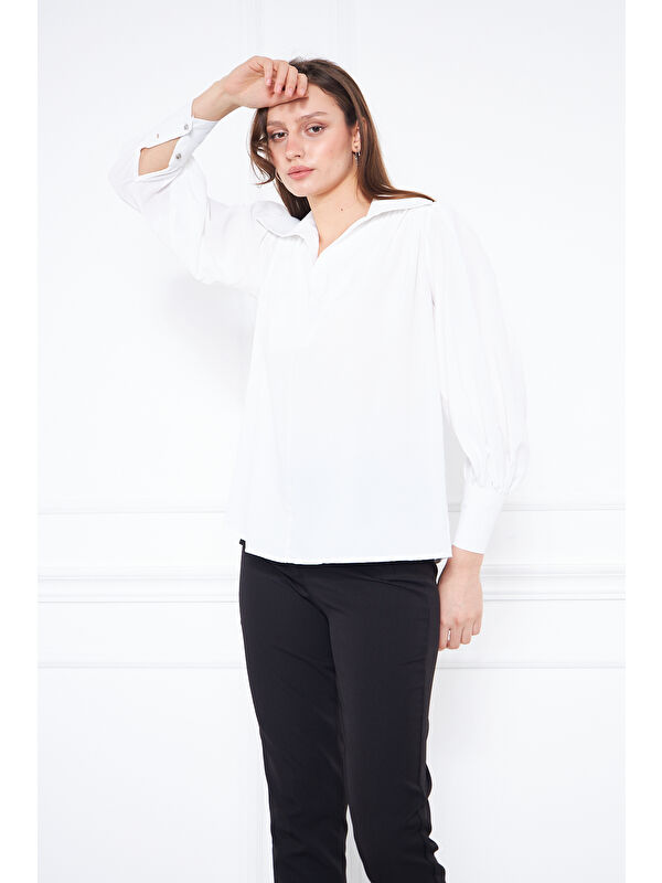 Comstar Kadın Trend Balon Kol Oversize Beyaz Bluz Gömlek