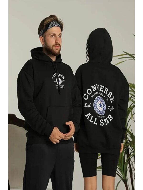 Jane's Erkek Sırt Baskılı Oversize Üç İplik Kapüşonlu Hoodie Sweatshirt - Siyah
