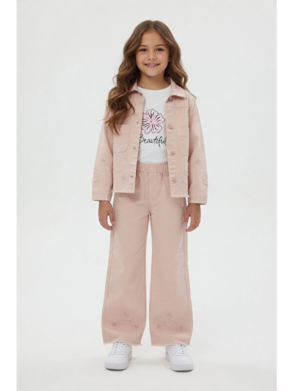 Cansın Mini Gül Kurusu Çiçek Nakışlı Ceketli Geniş Paça Pantolonlu Kız Çocuk 3lü Takım 24118