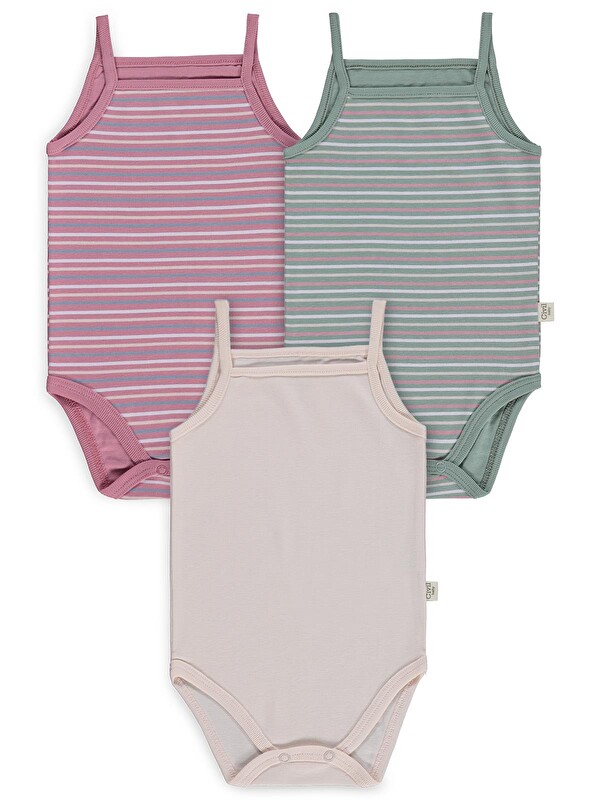 Civil Baby Çizgili İp Askılı 3 Lü 0-36 Ay Çıtçıtlı Badi - Pembe 9-12 Ay