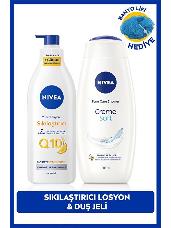 NIVEA Q10 Sıkılaştırıcı Vücut Losyonu 400ml ve Creme Soft Kremsi Dokunuş Duş Jeli 500ml, Banyo Lifi Hediye