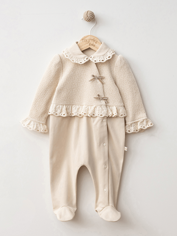 Mymio Bebe Yaka Uzun Kollu Dantel Detaylı Kız Bebek Tulum