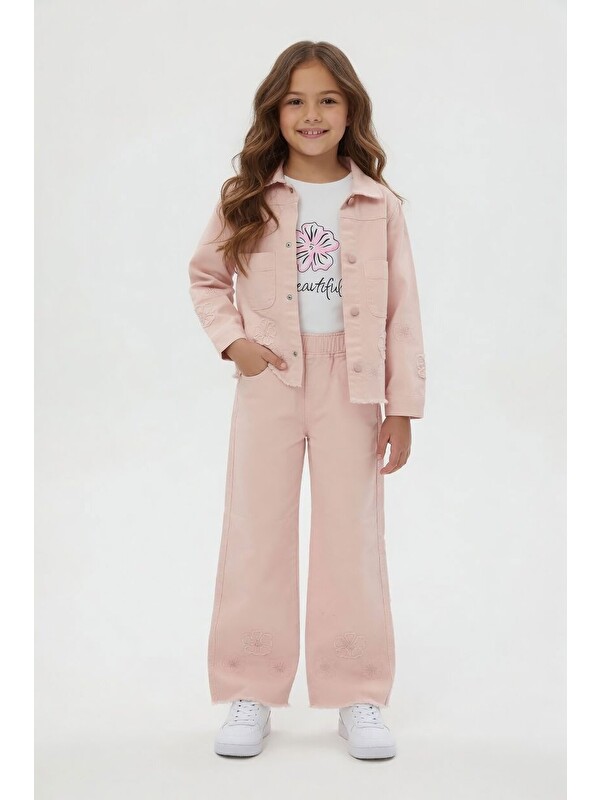 Cansın Mini Somon Çiçek Nakışlı Ceketli Geniş Paça Pantolonlu Kız Çocuk 3lü Takım 24117