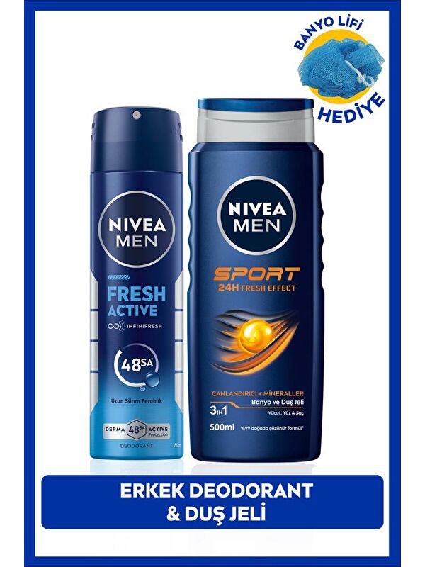 NIVEA MEN Erkek Sprey Deodorant Fresh Active 150ml ve Sport Duş Jeli 500ml, Banyo Lifi Hediyeli, Pudrasız