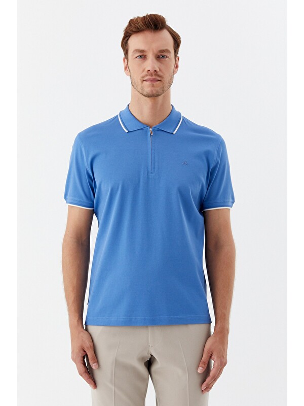 Sabri Özel Mavi Regular Fit %100 Pamuk Fermuarlı Polo Yaka T-Shirt