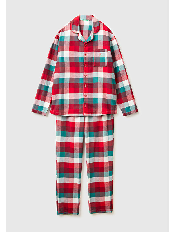 United Colors Of Benetton Erkek Kırmızı Ekoseli %100 Pamuk Ekoseli Pijama Takımı