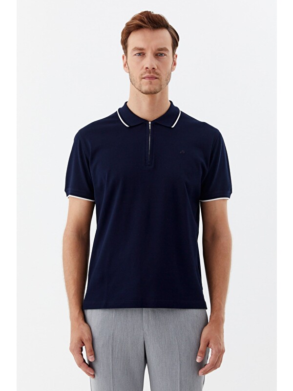 Sabri Özel Lacivert Regular Fit %100 Pamuk Fermuarlı Polo Yaka T-Shirt