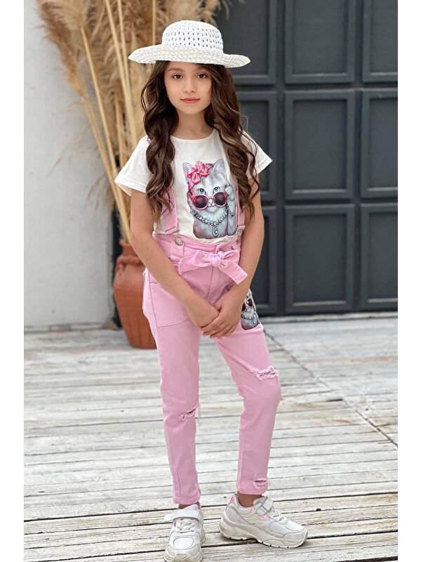 Riccotarz Kız Çocuk Üzeri Digital Baskılı T-shirt Yırtmaç ve Kedi Detaylı Pembe Jean Salopet Takım