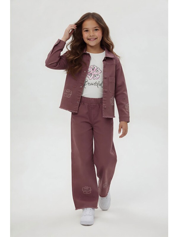 Cansın Mini Fuşya Çiçek Nakışlı Ceketli Geniş Paça Pantolonlu Kız Çocuk 3lü Takım 24119