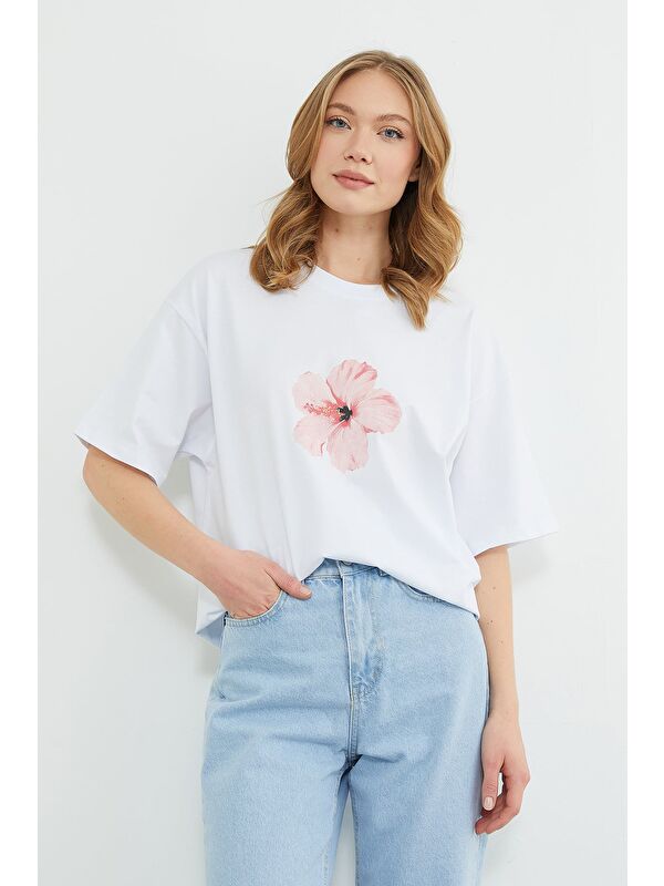 Fullamoda Hibiscus Çiçeği Baskılı Oversize Tişört