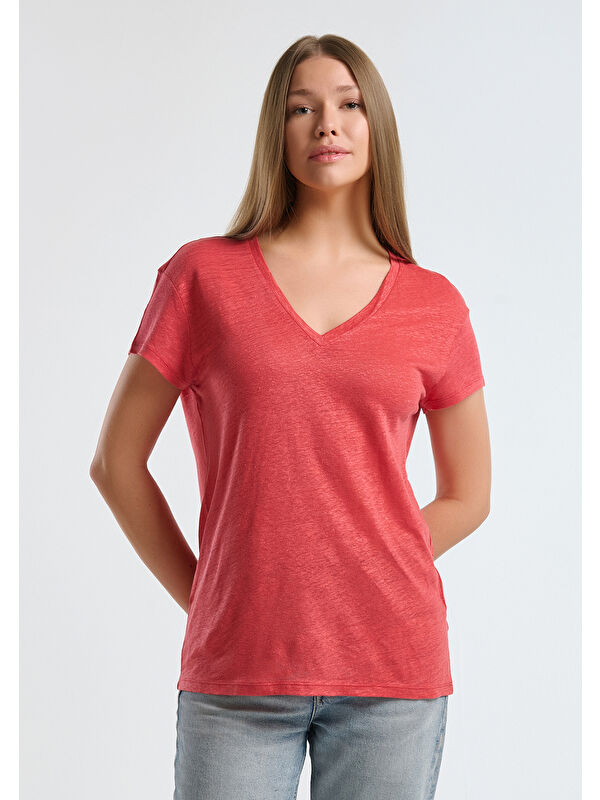 United Colors Of Benetton Kadın Mercan %100 Keten Düşük Omuzlu Relax Fit V Yaka T-Shirt