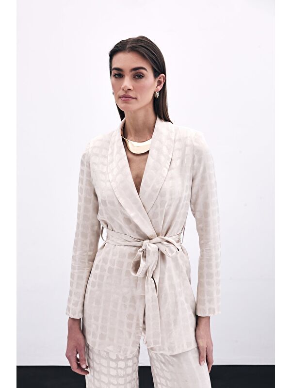 SATEEN Kare Desenli Kuşaklı Ceket - Bej