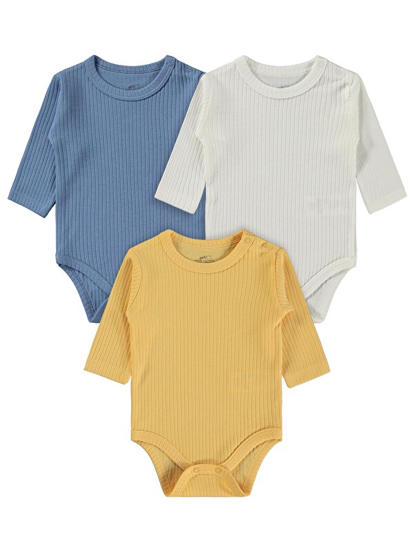 Minidamla Uzun Kol Basic 3'lü set 1-18 Ay Çıtçıtlı Badi - Mavi