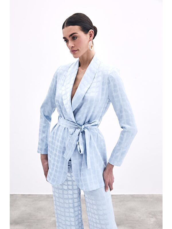 SATEEN Kare Desenli Kuşaklı Ceket - Bebe Mavi