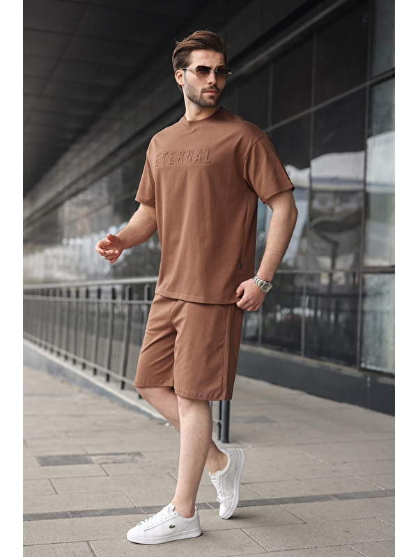 Madmext Kahverengi Erkek Şort T-Shirt Takım E7347