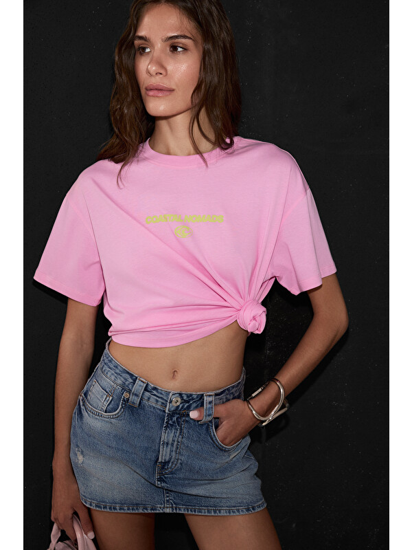 GRIMELANGE FINESTE Kadın Yumuşak Kumaşlı %100 Organik Pamuklu  Baskı Detaylı PEMBE T-Shirt